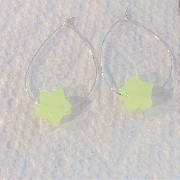 HANDMADE Teardrop Hoop Earrings Sterling Silver Luminous Star bead yello… - Picture 9 of 10